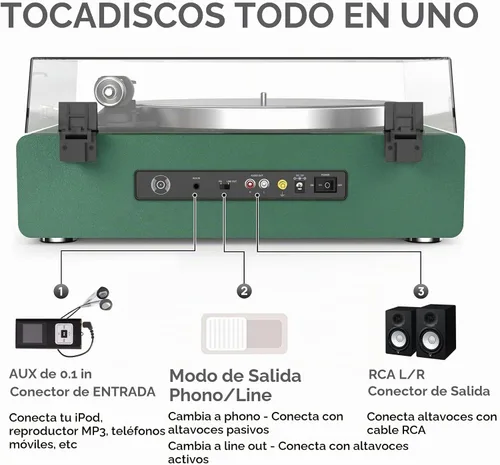 Vista 6 de Tocadiscos con altavoces incorporados, reproductor de discos de vinilo con soporte para reproducción Bluetooth, parada automática, velocidad de 33