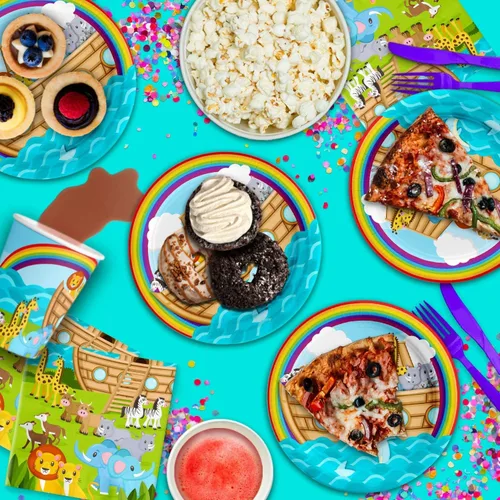 Vista 6 de Noah's Ark - Juego de suministros para fiesta de cumpleaños, platos, servilletas, vasos, vajilla para 16