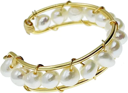 Vista 4 de K&H JWL DIVINE CIRCLE Anillo de envoltura de alambre de oro con cuentas de perlas de 14 quilates, tamaño libre apilable, perla, Perla