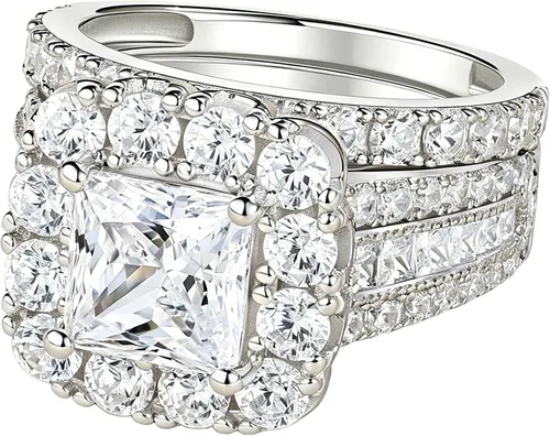 Vista 9 de SHELOVES Juego de Anillos de Boda Vintage de Princesa CZ para Mujeres Plata de Ley 925 Juegos de Anillos de Compromiso 4Ct Circonita Cúbica 5-12