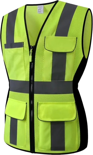 Vista 9 de Chaleco de seguridad para mujeres, chaleco de trabajo reflectante de alta visibilidad con 9 bolsillos múltiples y cremallera Negro