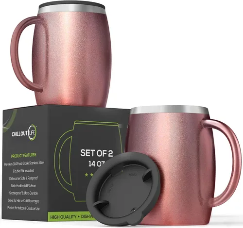 Vista 9 de Juego de 2 tazas de café aisladas de acero inoxidable (14 onzas) de doble pared con tapa y asa resistentes a derrames, tazas inastillables