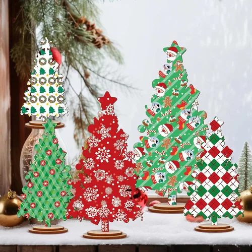 Vista 7 de 5 piezas de decoración rústica de madera para árbol de Navidad, centro de mesa independiente para mantel del hogar o bandeja escalonada