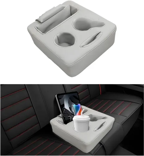 Vista 7 de Organizador para Asiento Trasero de Coche, Bandeja Expansora de Portavasos para Asiento Trasero de Automóvil de Cuero, Bandeja Portavasos