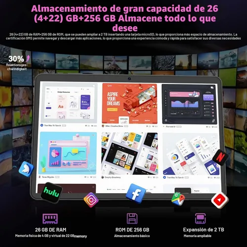 Vista 4 de Tablet Android de 10 pulgadas, tableta Android 16 2026 con teclado, 26 GB+256 GB (expansión de 2 TB), tableta Gemini AI con 8 núcleos, 8000 mAh Negro