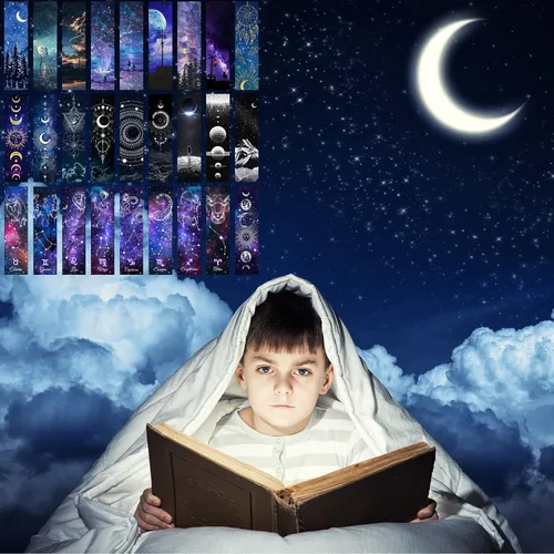 Vista 6 de 200 marcapáginas de noche estrellada de espacio fresco para niños, aula, 50 diseños, marcadores a granel de doble cara con temática espacial