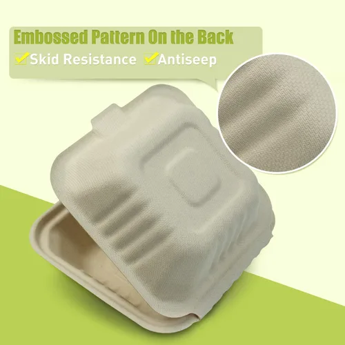 Vista 3 de Green Earth, 6 pulgadas, 125 unidades, almeja compostable de hamburguesa acanalada, BAM ware (fibra de bambú), cajas de comida para llevar
