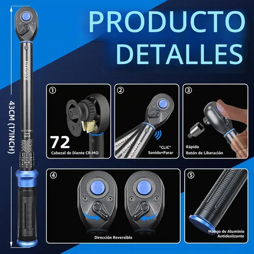 Vista 4 de Llave dinamométrica de 1/2 pulgada con clic de doble dirección, llave dinamométrica profesional de clic de doble dirección 10-170