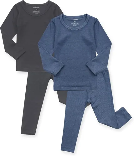 Vista 29 de AVAUMA Conjunto de pijama para bebés, niños y niñas, ajuste ceñido, con nervaduras, ropa de dormir para el estilo de vida diario Negro/Azul