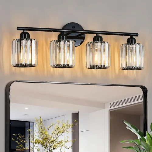 Vista 24 de Moderna lámpara de tocador de cristal de 2 luces, lámpara vertical de baño de níquel cepillado sobre espejo para tocador y lavabo, compatible