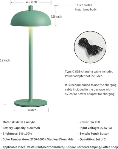 Vista 5 de Juego de 2 lámparas de mesa LED inalámbricas pequeñas de 12 pulgadas, lámpara de escritorio portátil impermeable, luces de batería recargable