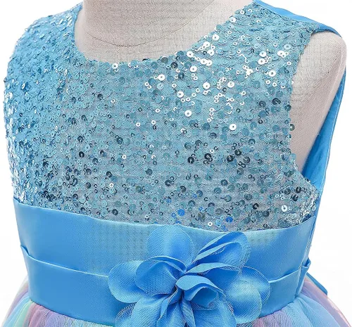 Vista 4 de Vestido de fiesta de lentejuelas para niñas de flores, vestido de fiesta de tul de tul de princesa, vestido de baile de graduación, Arco iris