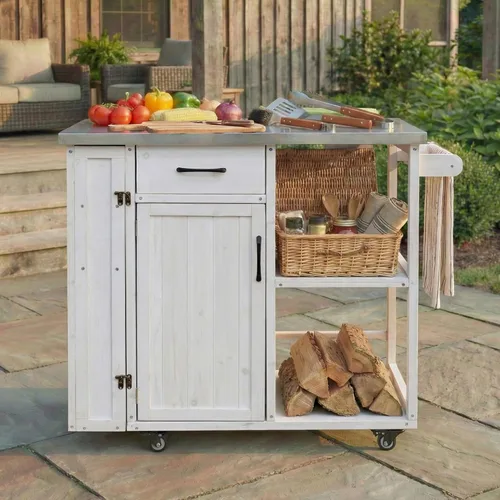 Vista 11 de JIVOIT Isla de cocina al aire libre de 78.3 pulgadas con mesa plegable, carrito de madera para exteriores con almacenamiento de basura y parte