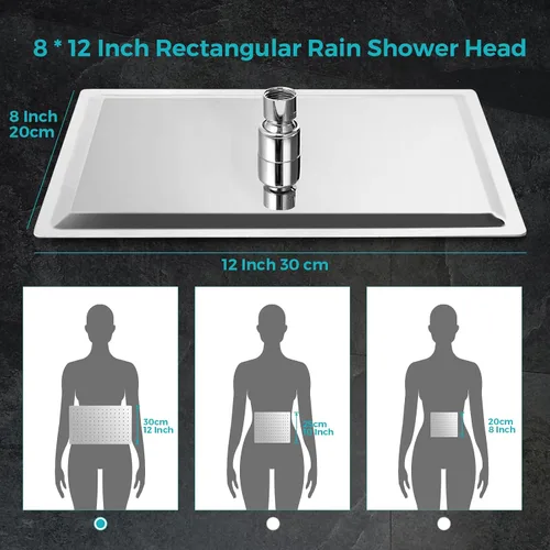 Vista 2 de Cabezal de ducha de lluvia, cabezal de ducha rectangular de 12 x 8 pulgadas con rociador de mano, juego de cabezal de ducha doble con barra