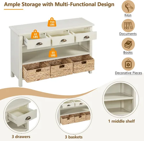 Vista 7 de Mesa consola de madera para sofá con 3 cajones y 3 cestas de almacenamiento, multifuncional de 47 pulgadas de largo, mesa de entrada, gabinete