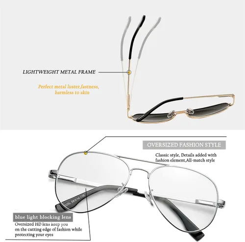 Vista 5 de HJSTES Lentes transparentes de aviador, luz azul, para mujeres y hombres, montura piloto clásica, sin receta
