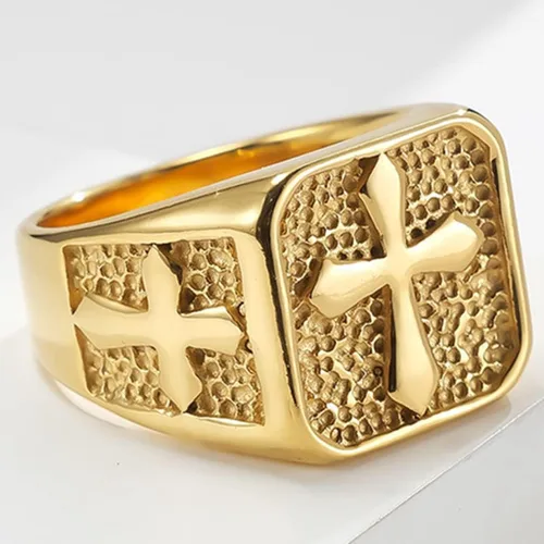 Vista 2 de Jude Jewelers Anillo de boda con sello de acero inoxidable, cruz cristiana, religiosa, cóctel, fiesta, motociclista, Metal, Zirconia cúbica