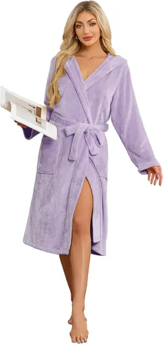 Vista 39 de HEARTNICE Bata de forro polar con capucha para mujer, bata de baño suave para mujer, bonito abrigo largo para casa