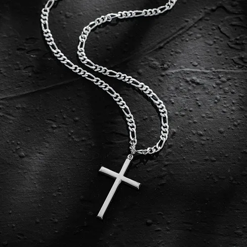 Vista 3 de FANCIME White Gold Plated 925 Sterling Silver Cross Pendant Necklace With 4MM Figaro Solid Curb Link Chain Gifts for Him Men, 24-INCH