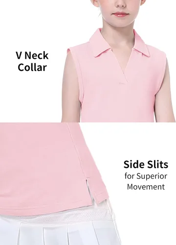 Vista 3 de EXARUS Camisetas polo de golf para niñas, sin mangas, cuello en V, tenis, atléticas, para ejercicio escolar de 5 a 12 años