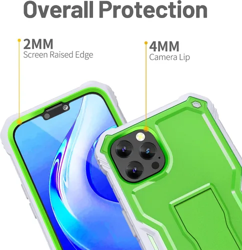 Vista 2 de FITO Funda para Apple iPhone 13, doble capa a prueba de golpes resistente con protector de pantalla de vidrio templado y soporte integrado (verde)