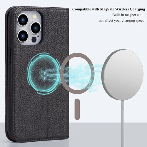 Vista 2 de VISOUL Pebbled - Funda de piel auténtica para iPhone 15 Pro Max con tarjetero y función atril magnético para iPhone 15 Pro Max (6.7 pulgadas)