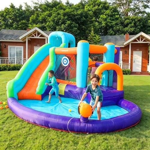 Vista 2 de Doctor Dolphin - Casa inflable de rebote con tobogán acuático, casa inflable para niños grandes, tobogán acuático para patio trasero, parque