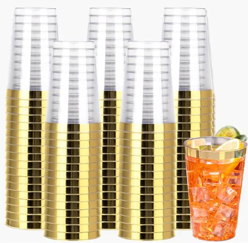 Vista 20 de I00000 Paquete de 100 vasos de plástico dorados de 14 onzas, vasos desechables de plástico con purpurina dorada, copas de vino desechables, copas