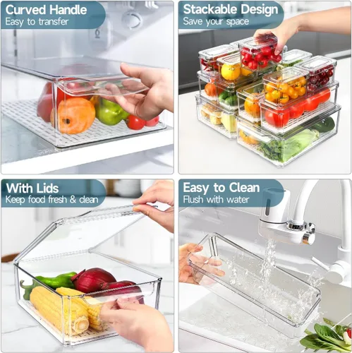 Vista 5 de Paquete de 14 organizadores para refrigerador y almacenamiento - Contenedores organizadores con tapas para refrigerador, organización sin BPA