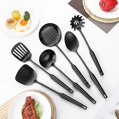 Vista 3 de Utensilios de cocina de acero inoxidable 304 con espátula, cuchara sólida, cucharón, espumadera, cuchara de espagueti, juego de 6 piezas, apto