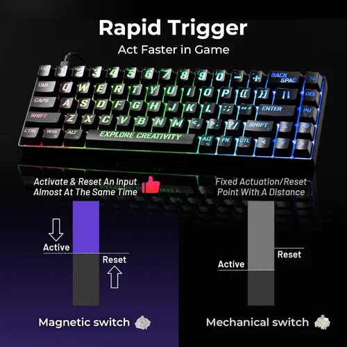 Vista 4 de XVX HE68 Max Teclado de Activación Rápida 60%, Teclado de Efecto Hall con Interruptor Gateron Magnetic Jade Max, Marco de Aluminio CNC, Teclado