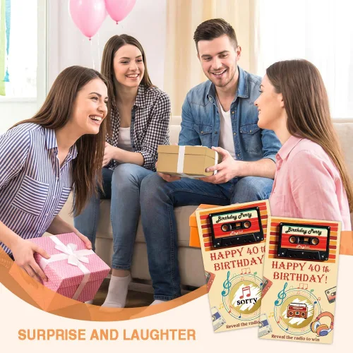 Vista 5 de Haizct 50 tarjetas rascadoras de feliz cumpleaños 40, juego retro para raspar de radio para amantes de la música, suministros de fiesta de regreso a