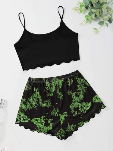 Vista 2 de WDIRARA Conjunto de pijama para mujer con bonito estampado de lechuga y pantalones cortos