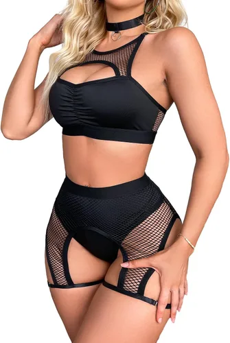 Vista 3 de Lilosy Sexy Cutout Strappy Underwire Push Up Garter Belt Lingerie Set