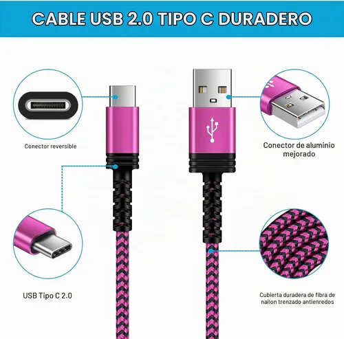 Vista 4 de Samsung S23 Ultra USBC Cable de carga rápida, cable USB C largo a USB A Android blanco+azul+roserd