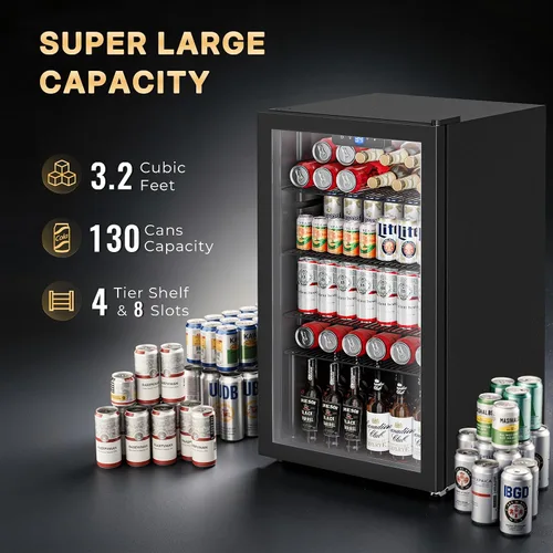 Vista 3 de Manastin Refrigerador de bebidas para 130 latas, mini refrigerador de 3.2 pies cúbicos con puerta de vidrio para bebidas, cerveza, vino, luz LED