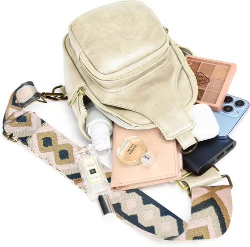 Vista 5 de SVIWDSK Bolso bandolera pequeño para mujer, bolso cruzado de cuero, riñonera, cangurera, bolsa de pecho para viajes y uso diario, Beige