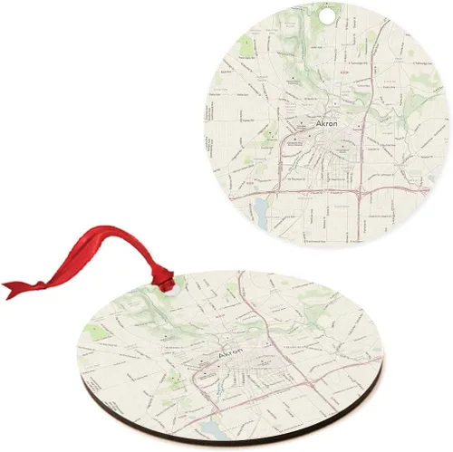 Vista 6 de Andaz Press Mapa de la ciudad de Estados Unidos redondo de madera natural MDF ornamento de Navidad, Akron, Ohio Vintage Mapa, 1 paquete, larga