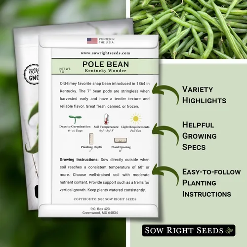Vista 2 de Sow Right Seeds - Semillas de frijol Wonder Pole de Kentucky para plantar - Paquete de reliquia sin OMG con instrucciones para plantar un huerto