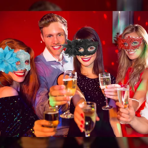 Vista 5 de 16 máscaras de Mardi Gras con plumas unisex medias mascaradas máscaras venecianas para mujeres hombres niños carnaval fiesta accesorio de disfraz