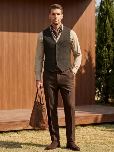 Vista 5 de MAGE MALE Chaleco de traje de tweed en espiga para hombre, chaleco vintage Marrón