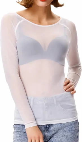 Vista 16 de Kate Kasin Tops de malla para mujer, camisas transparentes de manga larga Negro