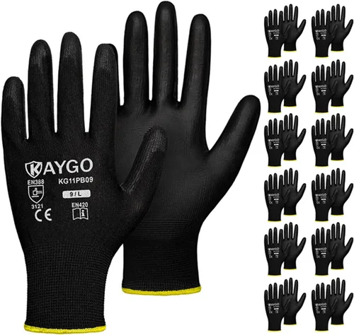Vista 68 de KAYGO KG11PB - Guantes de trabajo de seguridad con revestimiento de poliuretano, 12 pares de guantes de punto sin costuras para hombres y mujeres