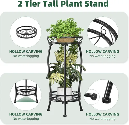 Vista 5 de Simple Trending Soporte para plantas para interiores y exteriores, estante redondo alto para plantas, soporte de metal de 2 niveles para maceta