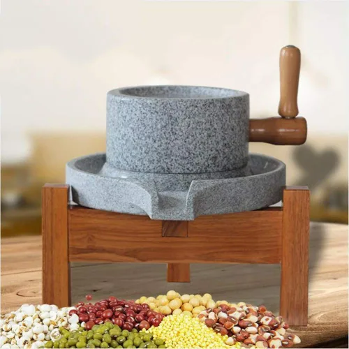 Vista 3 de Molinillo manual de pasta de alimentos de granito liso natural, molinillo de grano húmedo con manivela con soporte (7.87 x 11.8 pulgadas)