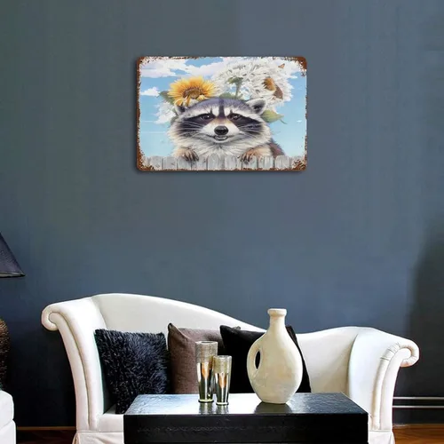 Vista 4 de Zomyto Cartel de metal con imágenes de mapache para pared, lindo mapache con girasol, letreros de lata novedosos para habitación de niños, póster