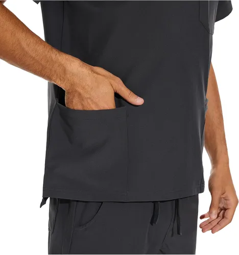 Vista 5 de COZYFIT Conjunto de ropa quirúrgica para hombre camiseta elástica con cuello en V y pantalón deportivo con 8 bolsillos, cintura de yoga, ropa