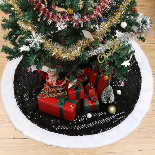 Vista 5 de Mr. Pen - Falda de árbol de Navidad de 48 pulgadas, lentejuelas negras brillantes con faldas de árbol de Navidad de piel sintética blanca Negro
