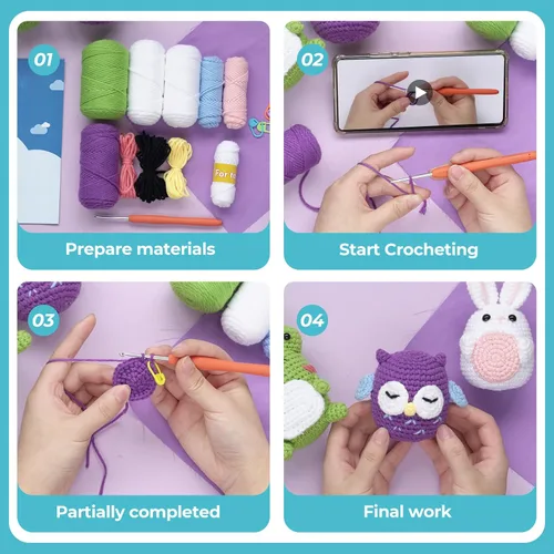Vista 5 de YESJOLI Kit de ganchillo de animales para principiantes, kit de ganchillo y tejer para manualidades para mujeres adultas DIY con video tutorial paso