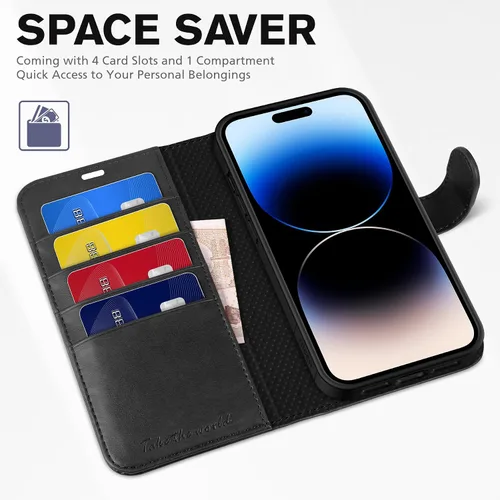 Vista 7 de Funda tipo billetera TUCCH para iPhone 14 Pro Max de 6.7", con bloqueo RFID, soporte para 4 tarjetas [carcasa interior de TPU a prueba de golpes]